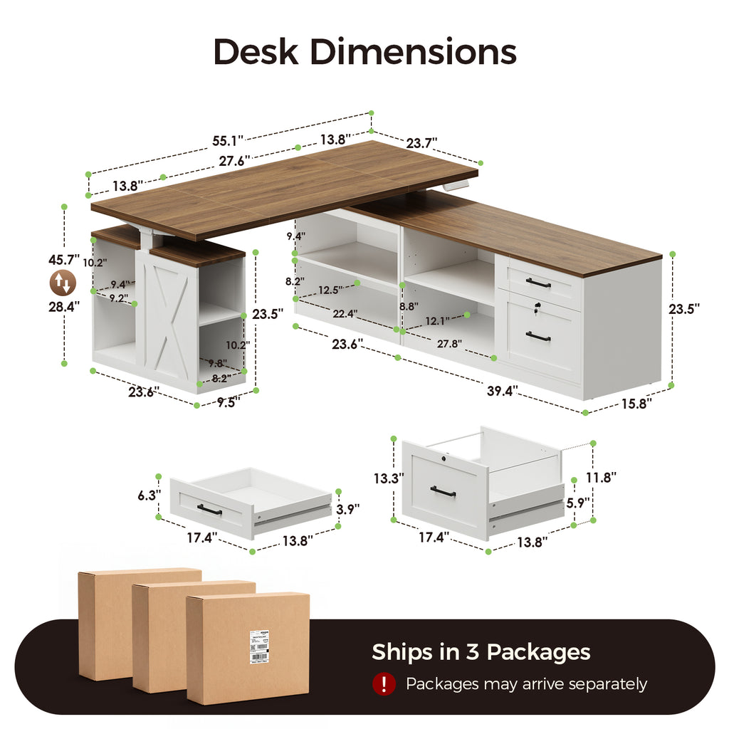 Dimension diagram of the OffiGo 55-inch farmhouse L-shaped standing desk with a walnut-brown desktop and white storage cabinets, showing the 55.1-inch desktop, a 28.4 to 45.7-inch adjustable height range, shelf and drawer measurements, and three-package delivery.