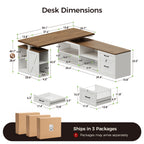Dimension diagram of the OffiGo 55-inch farmhouse L-shaped standing desk with a walnut-brown desktop and white storage cabinets, showing the 55.1-inch desktop, a 28.4 to 45.7-inch adjustable height range, shelf and drawer measurements, and three-package delivery.
