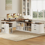 OffiGo 55-inch farmhouse L-shaped standing desk with a walnut-brown desktop and white storage cabinets, arranged in a bright home office with dual monitors, a tablet and a printer beside white bookcases.