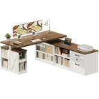 OffiGo 55-inch farmhouse L-shaped standing desk with a walnut-brown desktop and white storage cabinets, shown on a white background with dual monitors, a tablet and a printer, with open shelves and drawers.
