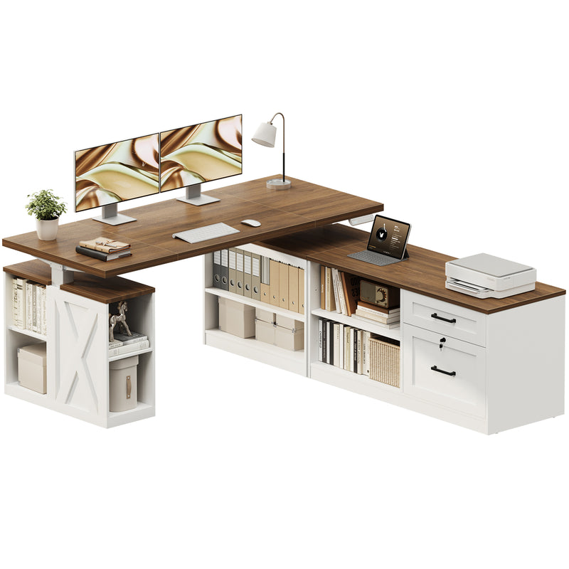 OffiGo 55-inch farmhouse L-shaped standing desk with a walnut-brown desktop and white storage cabinets, shown on a white background with dual monitors, a tablet and a printer, with open shelves and drawers.
