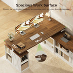 Overhead view of the OffiGo 55-inch farmhouse L-shaped standing desk with a walnut-brown desktop and white storage cabinets, highlighting a 55.1 by 23.6-inch main work surface and a labeled 1-inch desktop thickness.