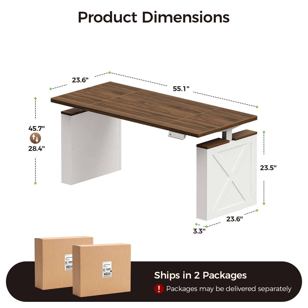 Dimension diagram of the OffiGo 55-inch farmhouse standing desk with a walnut-brown desktop and white X-brace decorative legs, showing a 55.1 by 23.6-inch desktop, a 28.4 to 45.7-inch adjustable height range, decorative leg measurements and two-package delivery.