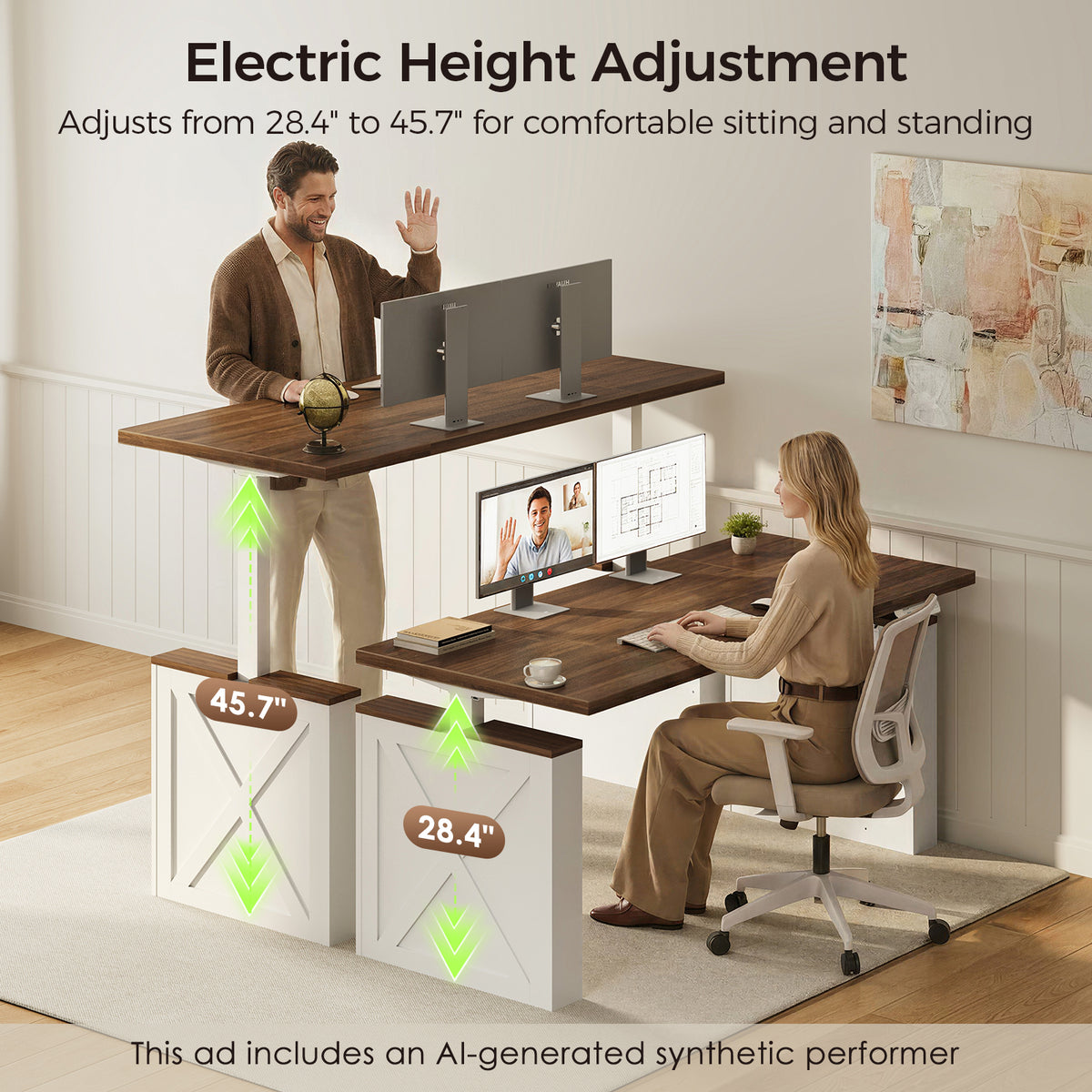 Seated and standing users at the OffiGo 55-inch farmhouse standing desk with a walnut-brown desktop and white X-brace decorative legs, illustrating electric height adjustment from 28.4 to 45.7 inches.