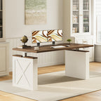 OffiGo 55-inch farmhouse standing desk with a walnut-brown desktop and white X-brace decorative legs, shown in a farmhouse home office with dual monitors beside white bookcases.