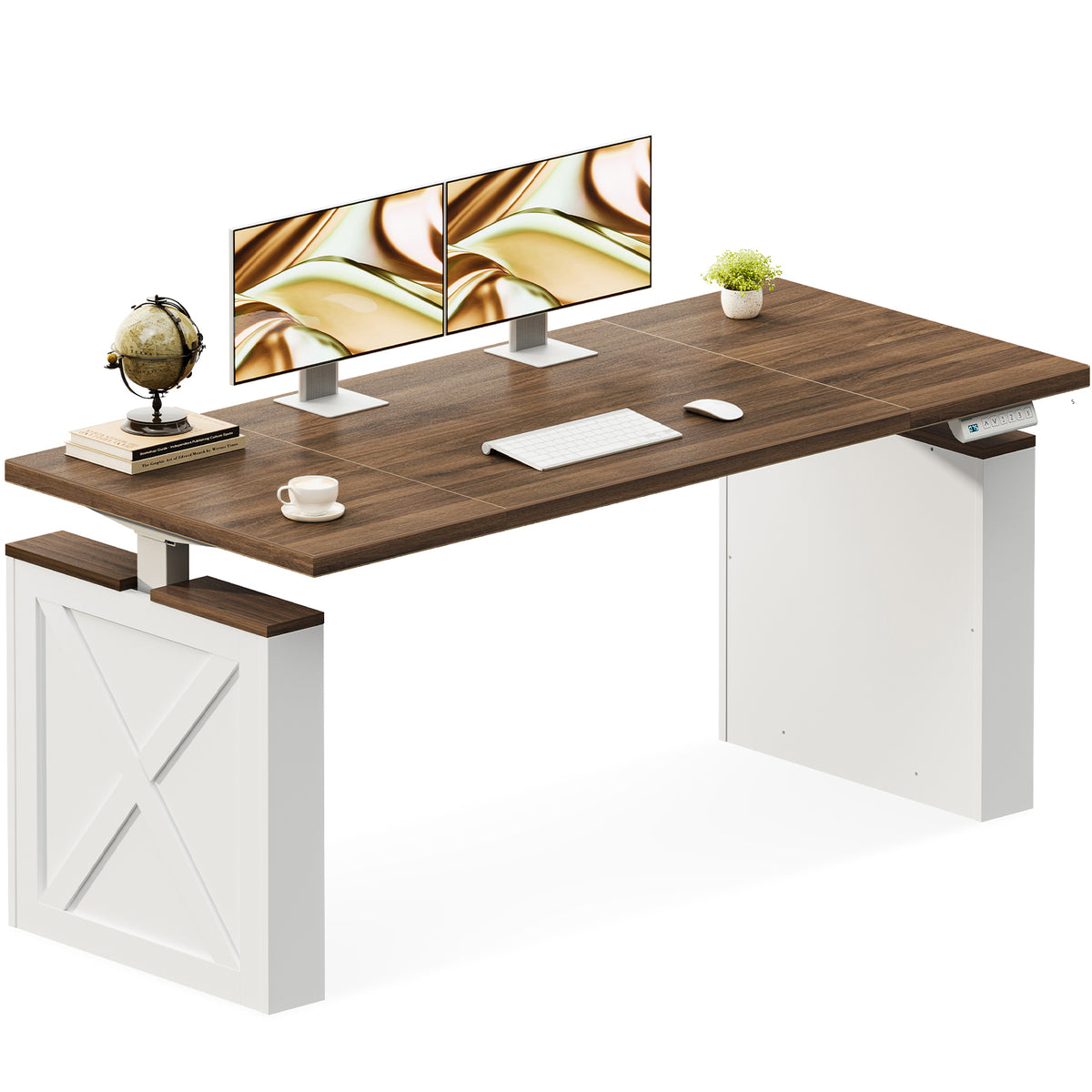 OffiGo 55-inch farmhouse standing desk with a walnut-brown desktop and white X-brace decorative legs, shown on a white background with dual monitors, a keyboard, a globe and a cup.