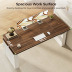 Overhead view of the OffiGo 55-inch farmhouse standing desk with a walnut-brown desktop and white X-brace decorative legs, highlighting its 55.1 by 23.6-inch work surface with room for dual monitors and everyday essentials.