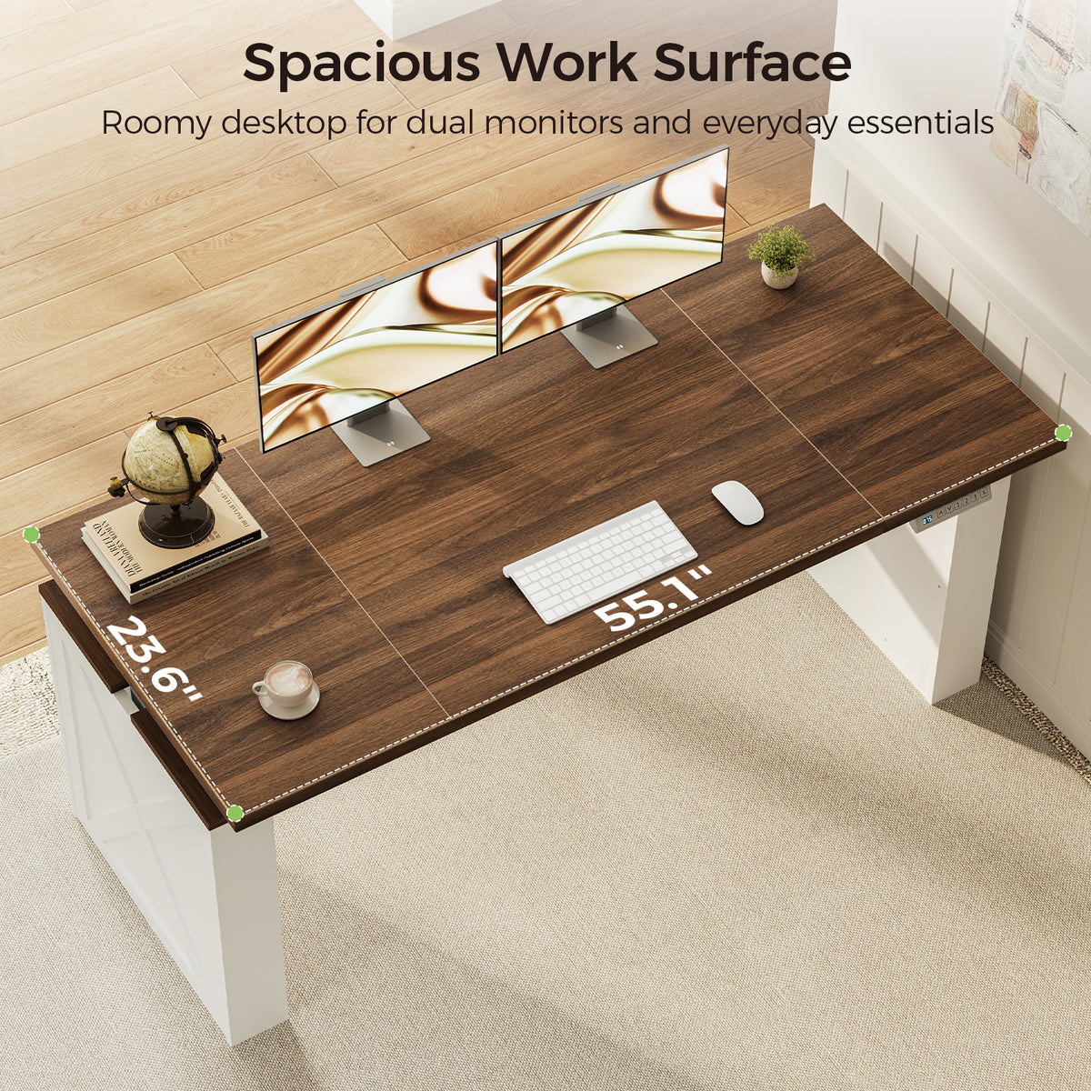 Overhead view of the OffiGo 55-inch farmhouse standing desk with a walnut-brown desktop and white X-brace decorative legs, highlighting its 55.1 by 23.6-inch work surface with room for dual monitors and everyday essentials.