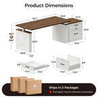 Dimension diagram of the OffiGo 55-inch farmhouse standing desk with a walnut-brown desktop, white X-brace decorative panel and white two-drawer file cabinet, showing a 55.1 by 23.6-inch desktop, a 28.4 to 45.7-inch adjustable height range, cabinet and drawer measurements, and three-package delivery.