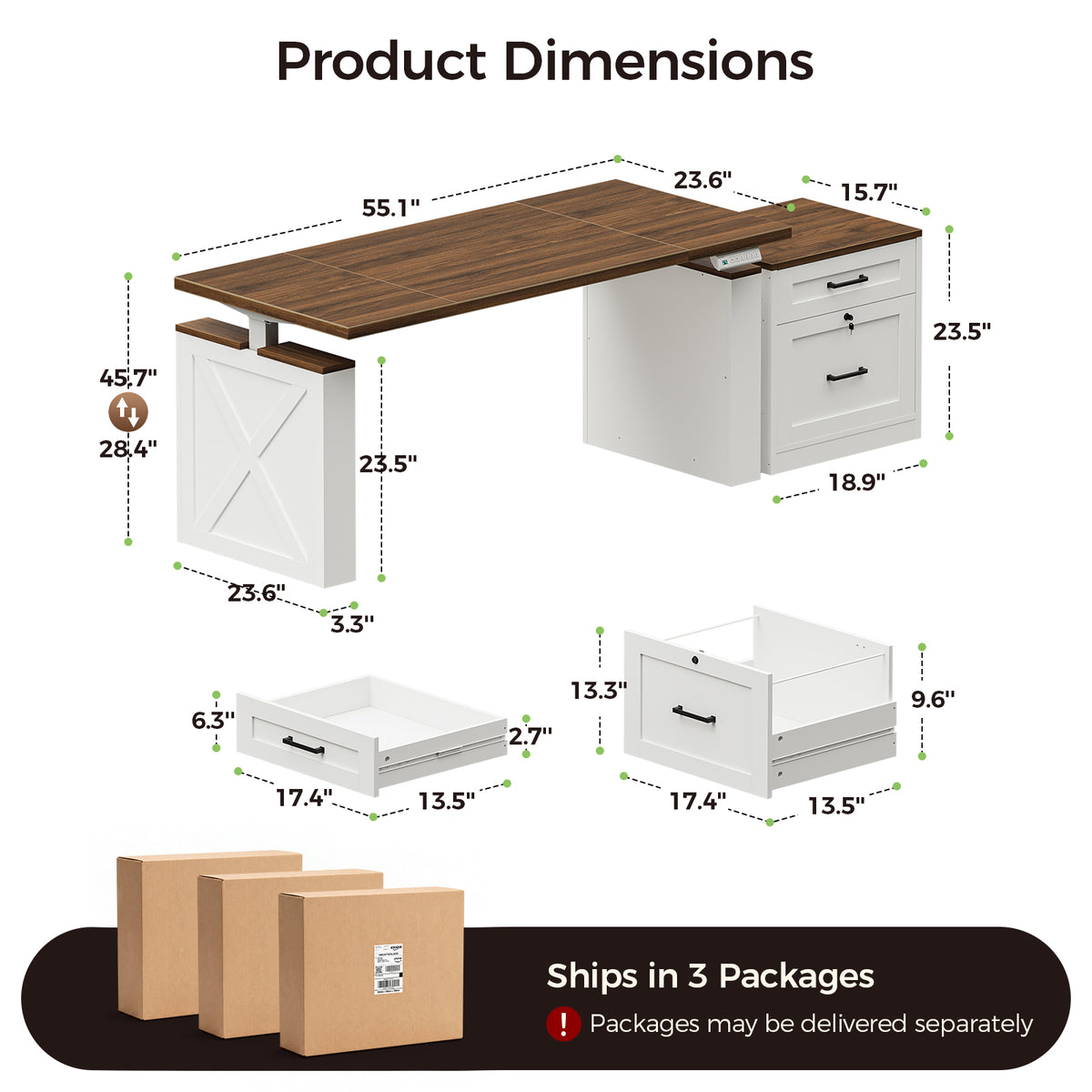 Dimension diagram of the OffiGo 55-inch farmhouse standing desk with a walnut-brown desktop, white X-brace decorative panel and white two-drawer file cabinet, showing a 55.1 by 23.6-inch desktop, a 28.4 to 45.7-inch adjustable height range, cabinet and drawer measurements, and three-package delivery.