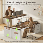 Seated and standing users at the OffiGo 55-inch farmhouse standing desk with a walnut-brown desktop, white X-brace decorative panel and white two-drawer file cabinet, illustrating electric height adjustment from 28.4 to 45.7 inches.