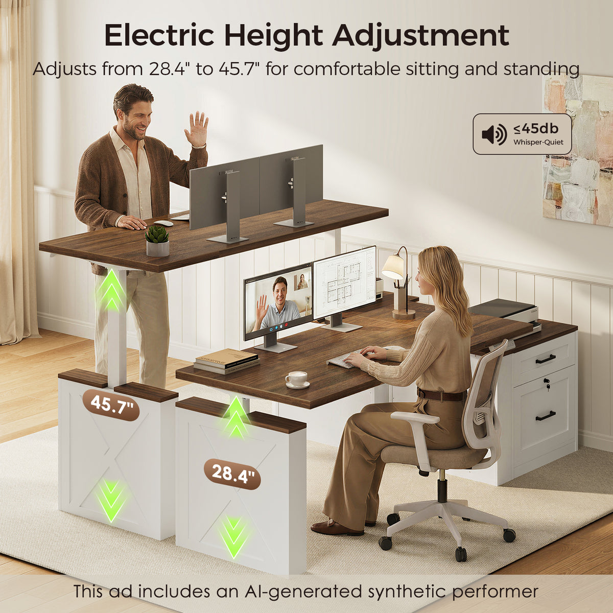 Seated and standing users at the OffiGo 55-inch farmhouse standing desk with a walnut-brown desktop, white X-brace decorative panel and white two-drawer file cabinet, illustrating electric height adjustment from 28.4 to 45.7 inches.