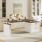 OffiGo 55-inch farmhouse standing desk with a walnut-brown desktop, white X-brace decorative panel and white two-drawer file cabinet, shown in a farmhouse home office with dual monitors beside white bookcases.