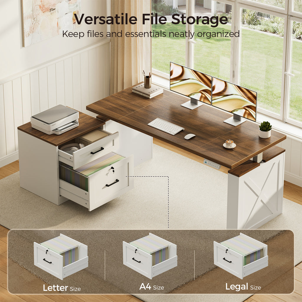 Overhead view of the OffiGo 55-inch farmhouse standing desk with a walnut-brown desktop, white X-brace decorative panel and white two-drawer file cabinet, with its drawers open and examples of Letter, A4 and Legal hanging-file storage.
