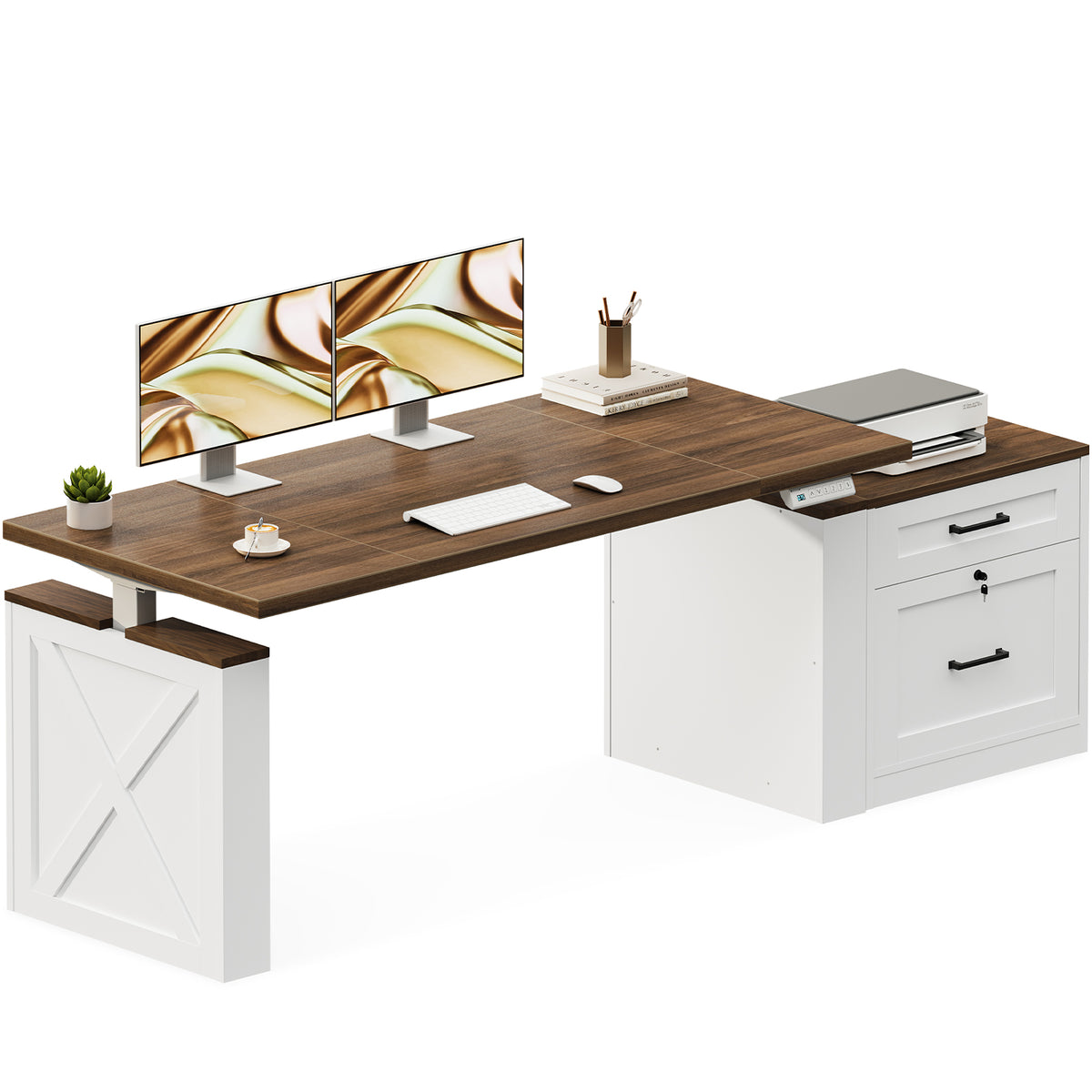 OffiGo 55-inch farmhouse standing desk with a walnut-brown desktop, white X-brace decorative panel and white two-drawer file cabinet, shown on a white background with dual monitors and a printer.