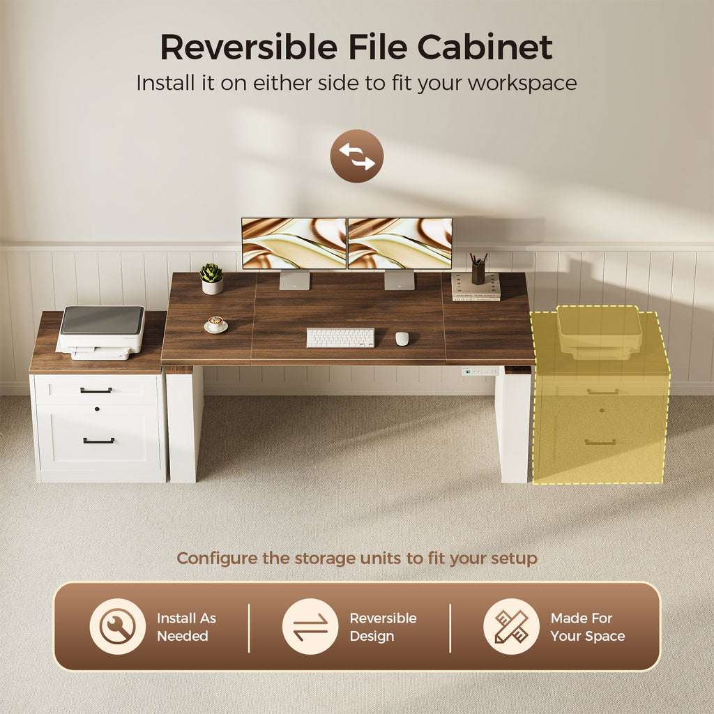 OffiGo 55-inch farmhouse standing desk with a walnut-brown desktop, white X-brace decorative panel and white two-drawer file cabinet, shown from above with alternate left-side and right-side positions for the file cabinet.