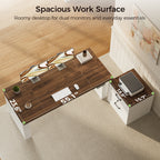 Overhead view of the OffiGo 55-inch farmhouse standing desk with a walnut-brown desktop, white X-brace decorative panel and white two-drawer file cabinet, highlighting its 55.1 by 23.6-inch main work surface and an 18.9 by 15.7-inch cabinet top supporting a printer.