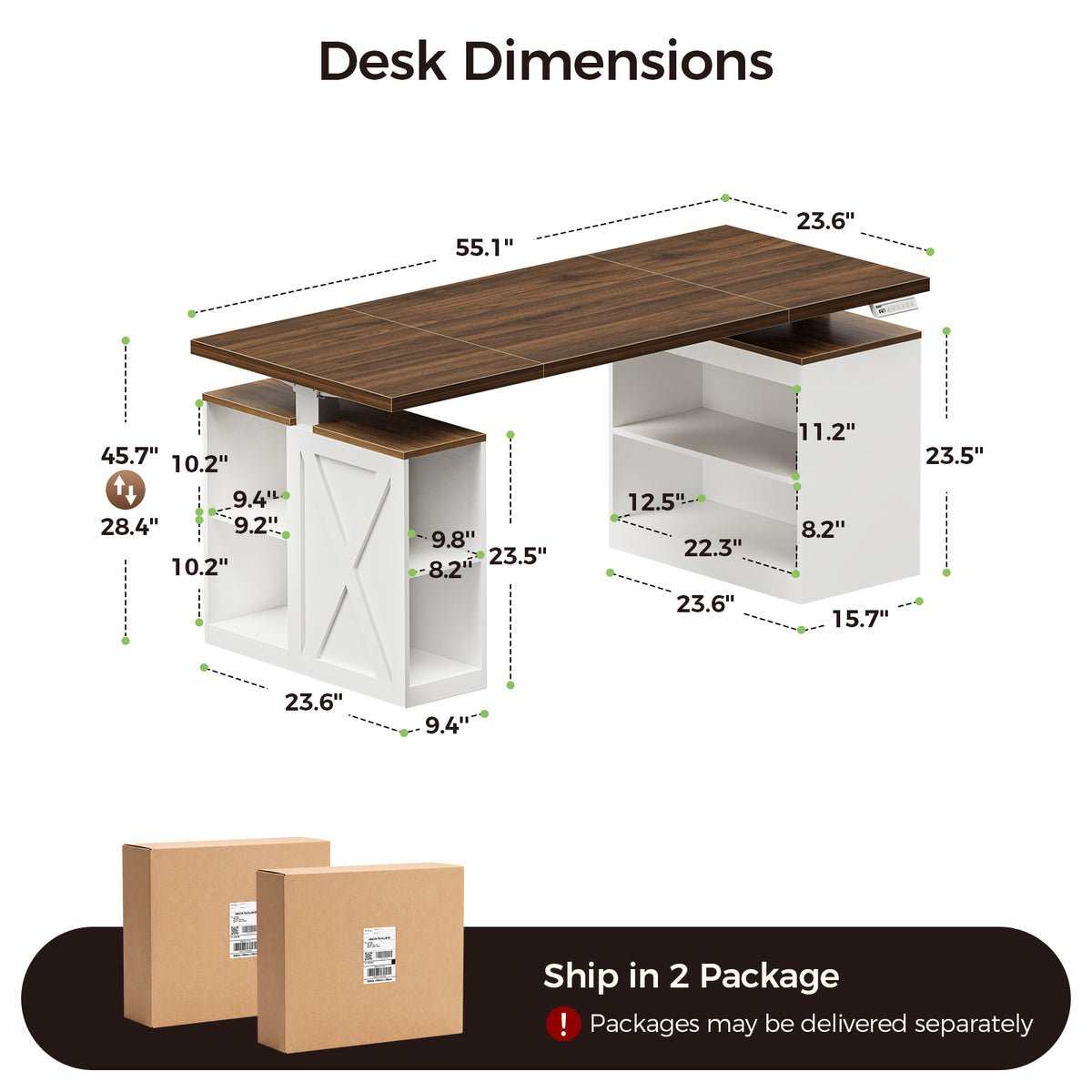 Dimension diagram of the OffiGo 55-inch farmhouse standing desk with a walnut-brown desktop, white storage legs and an X-brace decorative panel, showing a 55.1 by 23.6-inch desktop, a 28.4 to 45.7-inch adjustable height range, open-shelf measurements and two-package delivery.