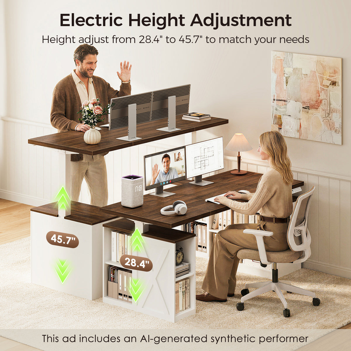 Seated and standing users at the OffiGo 55-inch farmhouse standing desk with a walnut-brown desktop, white storage legs and an X-brace decorative panel, illustrating electric height adjustment from 28.4 to 45.7 inches.