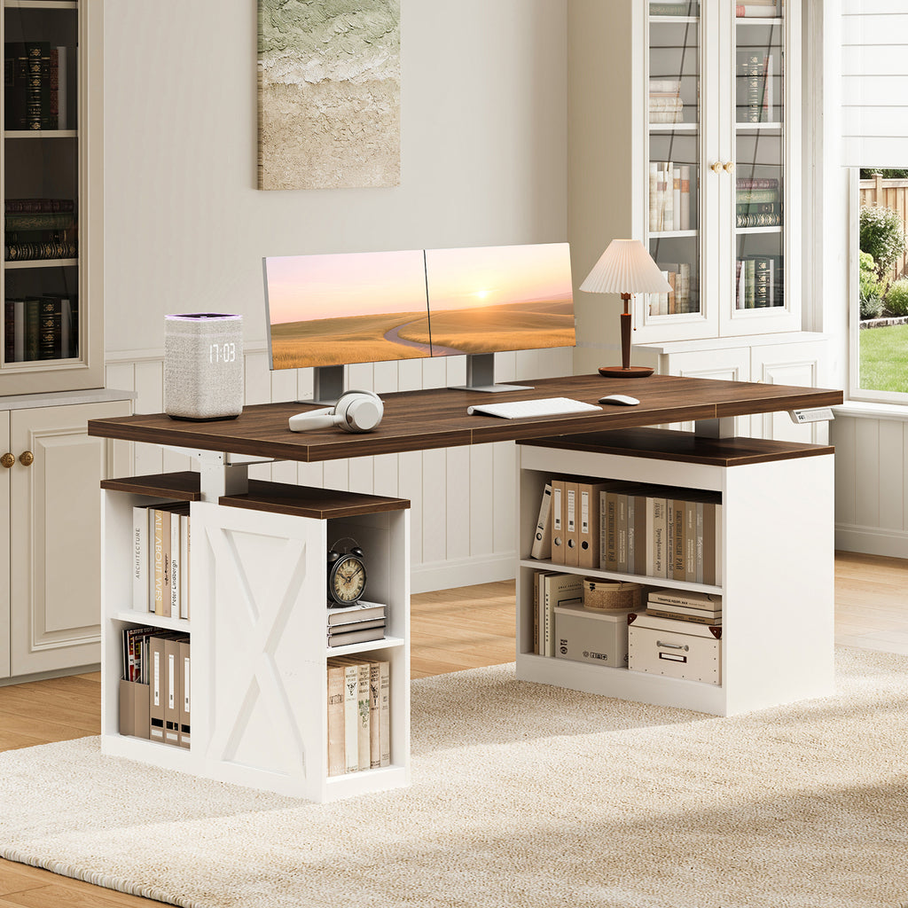 OffiGo 55-inch farmhouse standing desk with a walnut-brown desktop, white storage legs and an X-brace decorative panel, shown in a farmhouse home office with dual monitors and a lamp beside white bookcases.