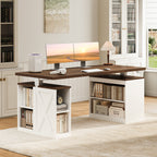 OffiGo 55-inch farmhouse standing desk with a walnut-brown desktop, white storage legs and an X-brace decorative panel, shown in a farmhouse home office with dual monitors and a lamp beside white bookcases.