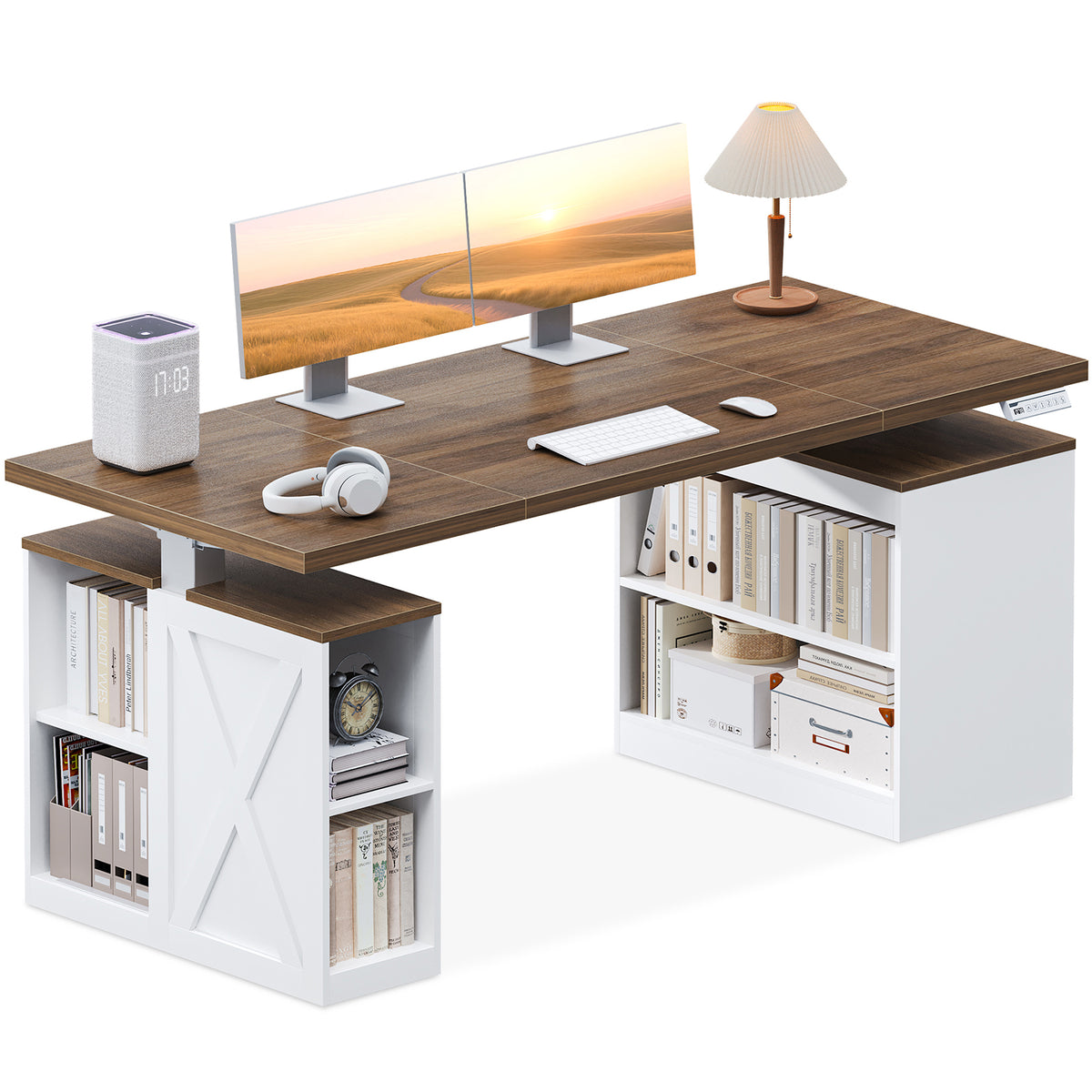 OffiGo 55-inch farmhouse standing desk with a walnut-brown desktop, white storage legs and an X-brace decorative panel, shown on a white background with dual monitors, a lamp, headphones and books on the open shelves.