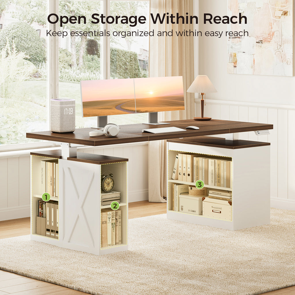 OffiGo 55-inch farmhouse standing desk with a walnut-brown desktop, white storage legs and an X-brace decorative panel, shown with three numbered open storage areas containing books, binders, a clock and storage boxes beneath the desktop.
