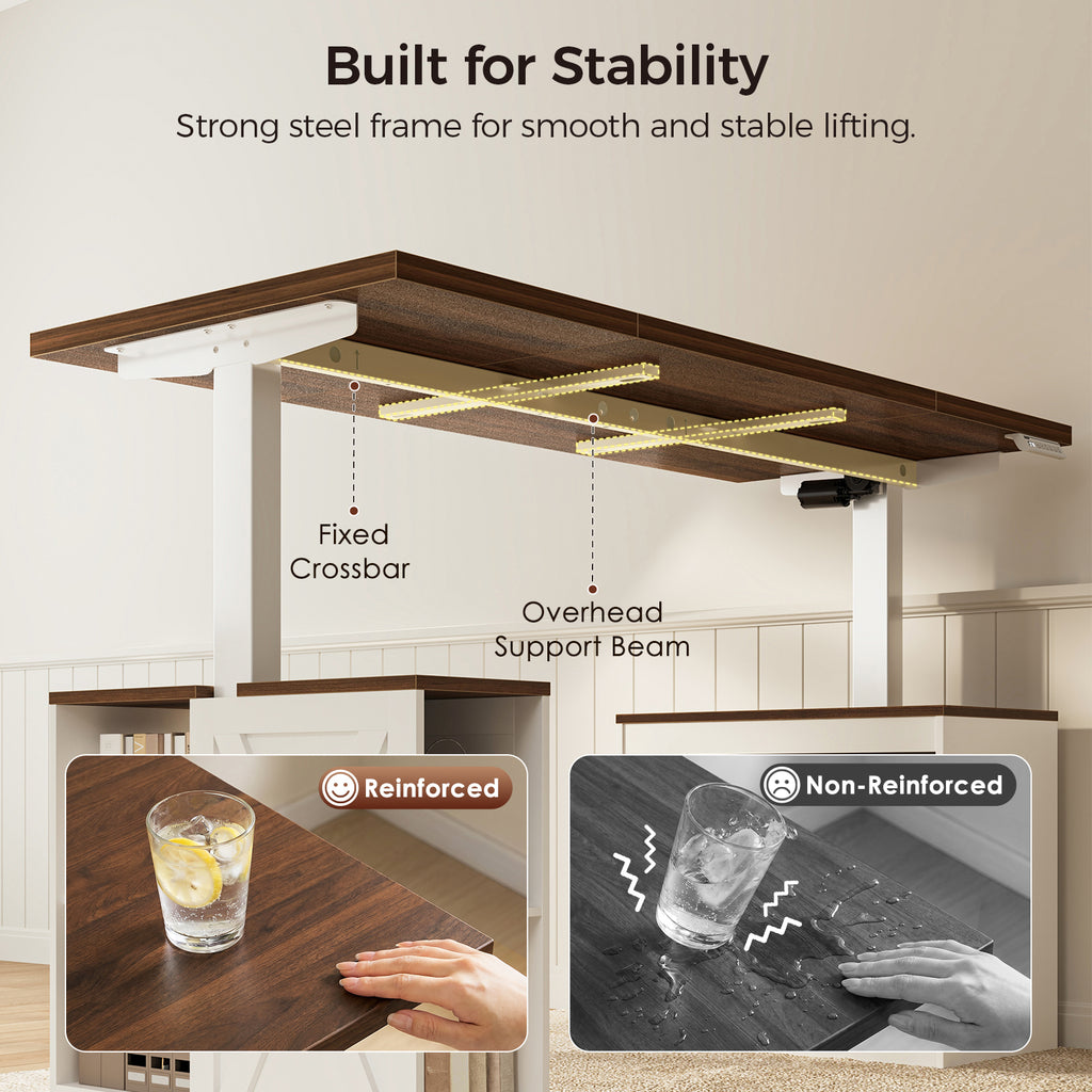 Underside of the OffiGo 55-inch farmhouse standing desk with a walnut-brown desktop, white storage legs and an X-brace decorative panel, showing a fixed crossbar and overhead support beam, with reinforced and non-reinforced frame comparisons.