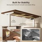 Underside of the OffiGo 55-inch farmhouse standing desk with a walnut-brown desktop, white storage legs and an X-brace decorative panel, showing a fixed crossbar and overhead support beam, with reinforced and non-reinforced frame comparisons.