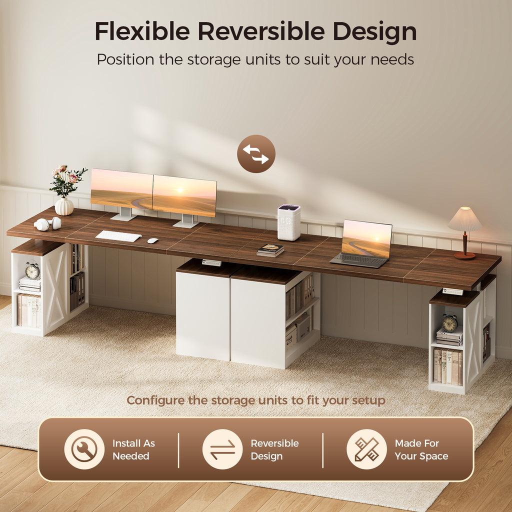 Alternate arrangements of the OffiGo 55-inch farmhouse standing desk with a walnut-brown desktop, white storage legs and an X-brace decorative panel, illustrating reversible left-side and right-side positions for the open storage units.