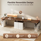 Alternate arrangements of the OffiGo 55-inch farmhouse standing desk with a walnut-brown desktop, white storage legs and an X-brace decorative panel, illustrating reversible left-side and right-side positions for the open storage units.