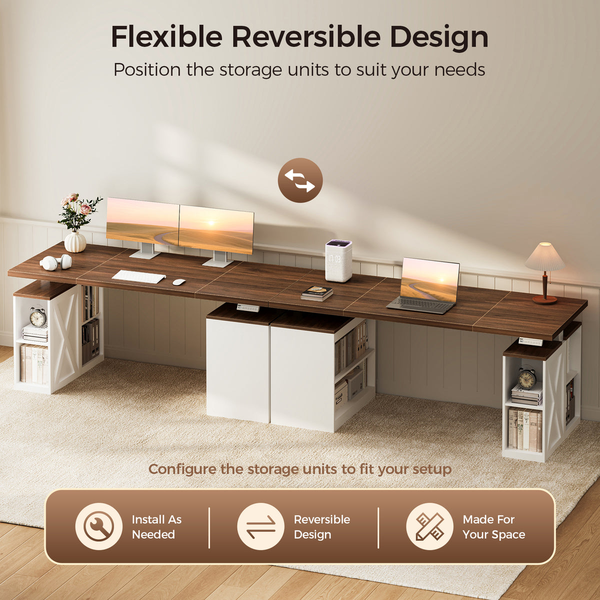 Alternate arrangements of the OffiGo 55-inch farmhouse standing desk with a walnut-brown desktop, white storage legs and an X-brace decorative panel, illustrating reversible left-side and right-side positions for the open storage units.