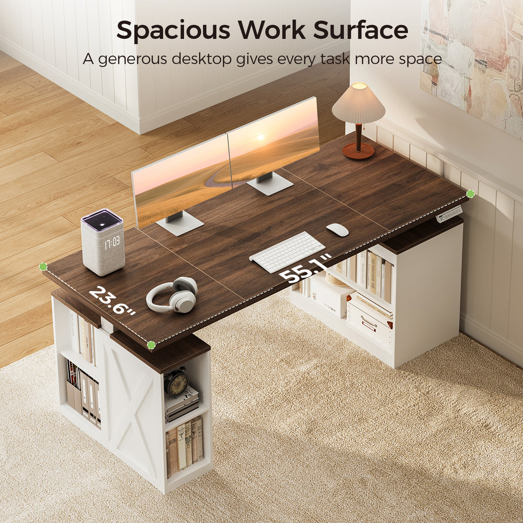 Overhead view of the OffiGo 55-inch farmhouse standing desk with a walnut-brown desktop, white storage legs and an X-brace decorative panel, highlighting its 55.1 by 23.6-inch work surface with dual monitors, a keyboard and headphones.