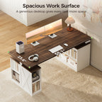 Overhead view of the OffiGo 55-inch farmhouse standing desk with a walnut-brown desktop, white storage legs and an X-brace decorative panel, highlighting its 55.1 by 23.6-inch work surface with dual monitors, a keyboard and headphones.
