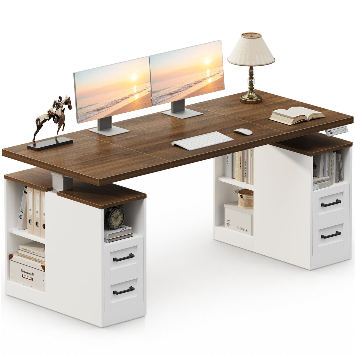 OffiGo 55-inch farmhouse standing desk with a walnut desktop and two white storage cabinets, shown with dual monitors on a white background.
