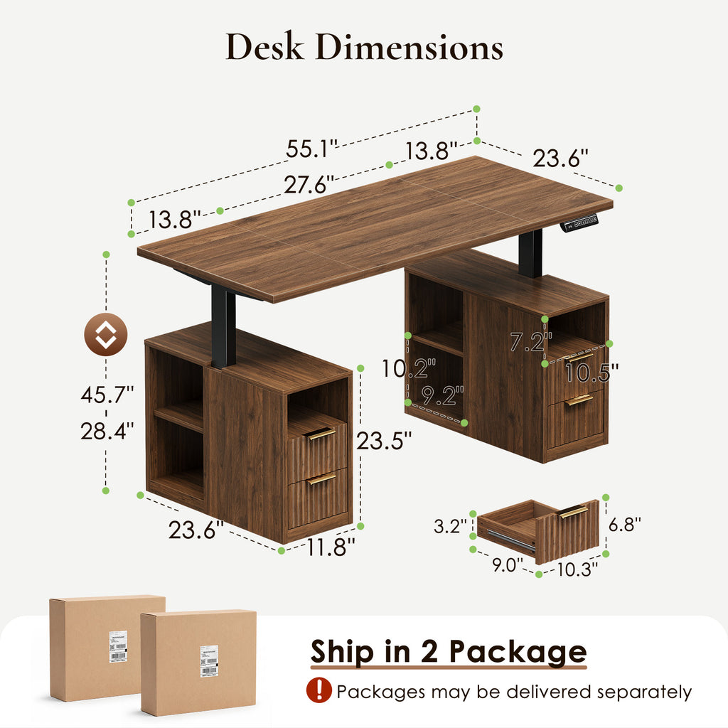 Dimension diagram of the OffiGo 55-inch fluted standing desk with a walnut desktop and two brown storage cabinets, showing a 55.1 by 23.6-inch desktop, cabinet measurements and 28.4 to 45.7-inch adjustable height.
