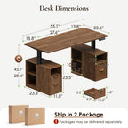 Dimension diagram of the OffiGo 55-inch fluted standing desk with a walnut desktop and two brown storage cabinets, showing a 55.1 by 23.6-inch desktop, cabinet measurements and 28.4 to 45.7-inch adjustable height.