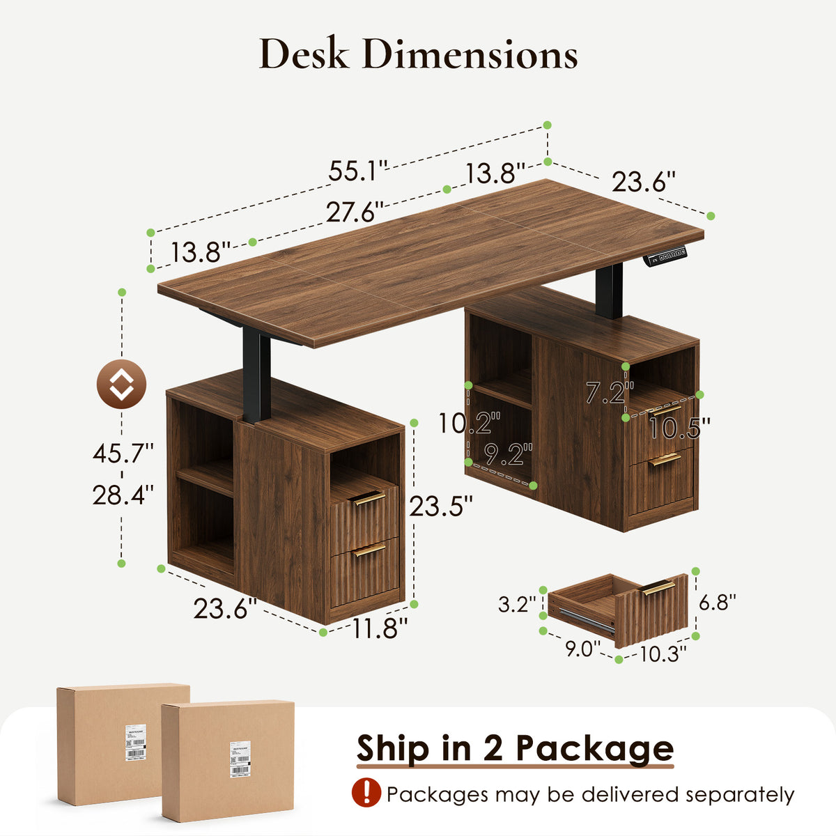 Dimension diagram of the OffiGo 55-inch fluted standing desk with a walnut desktop and two brown storage cabinets, showing a 55.1 by 23.6-inch desktop, cabinet measurements and 28.4 to 45.7-inch adjustable height.