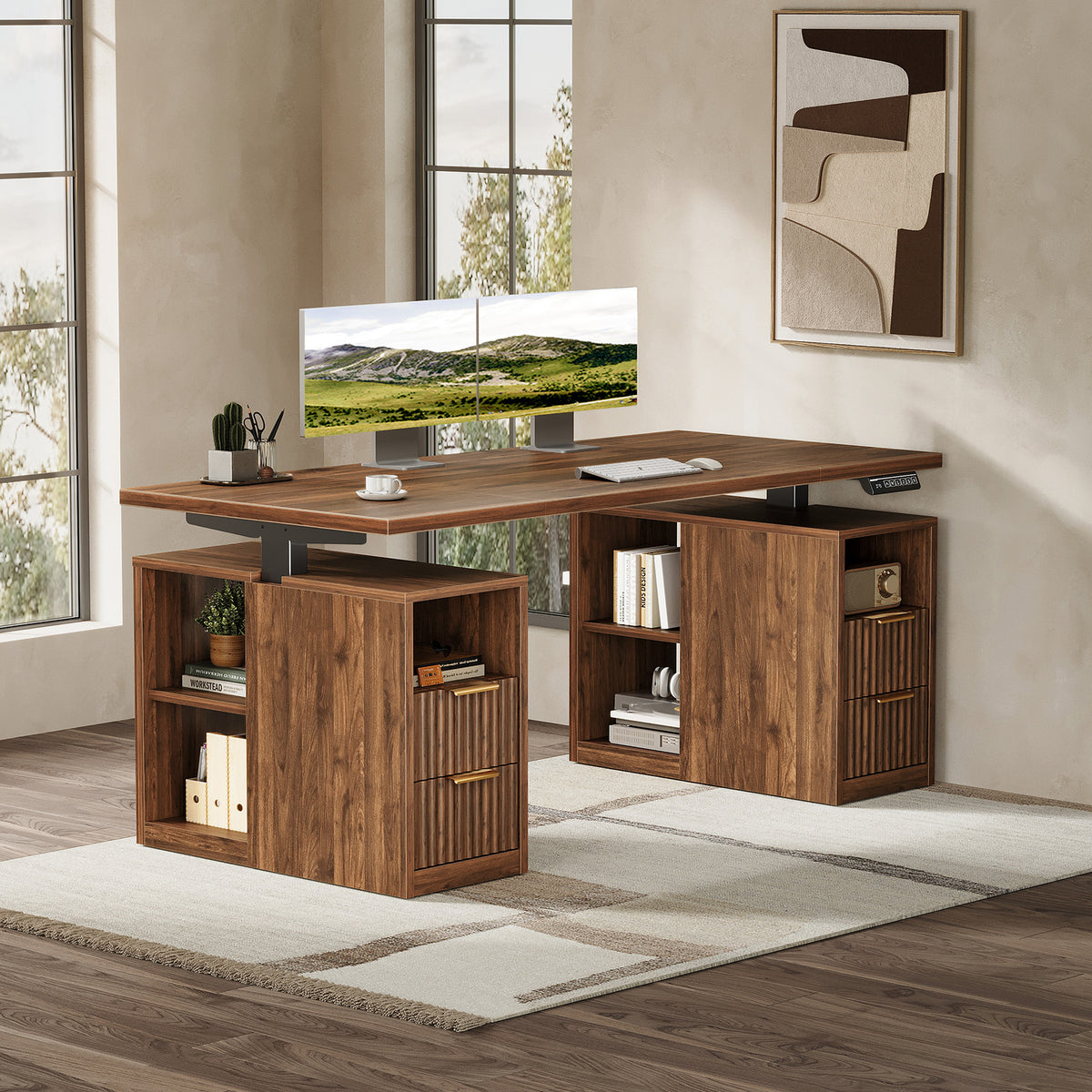 Home office scene featuring the OffiGo 55-inch fluted standing desk with a walnut desktop and two brown storage cabinets, dual monitors and a desk lamp.
