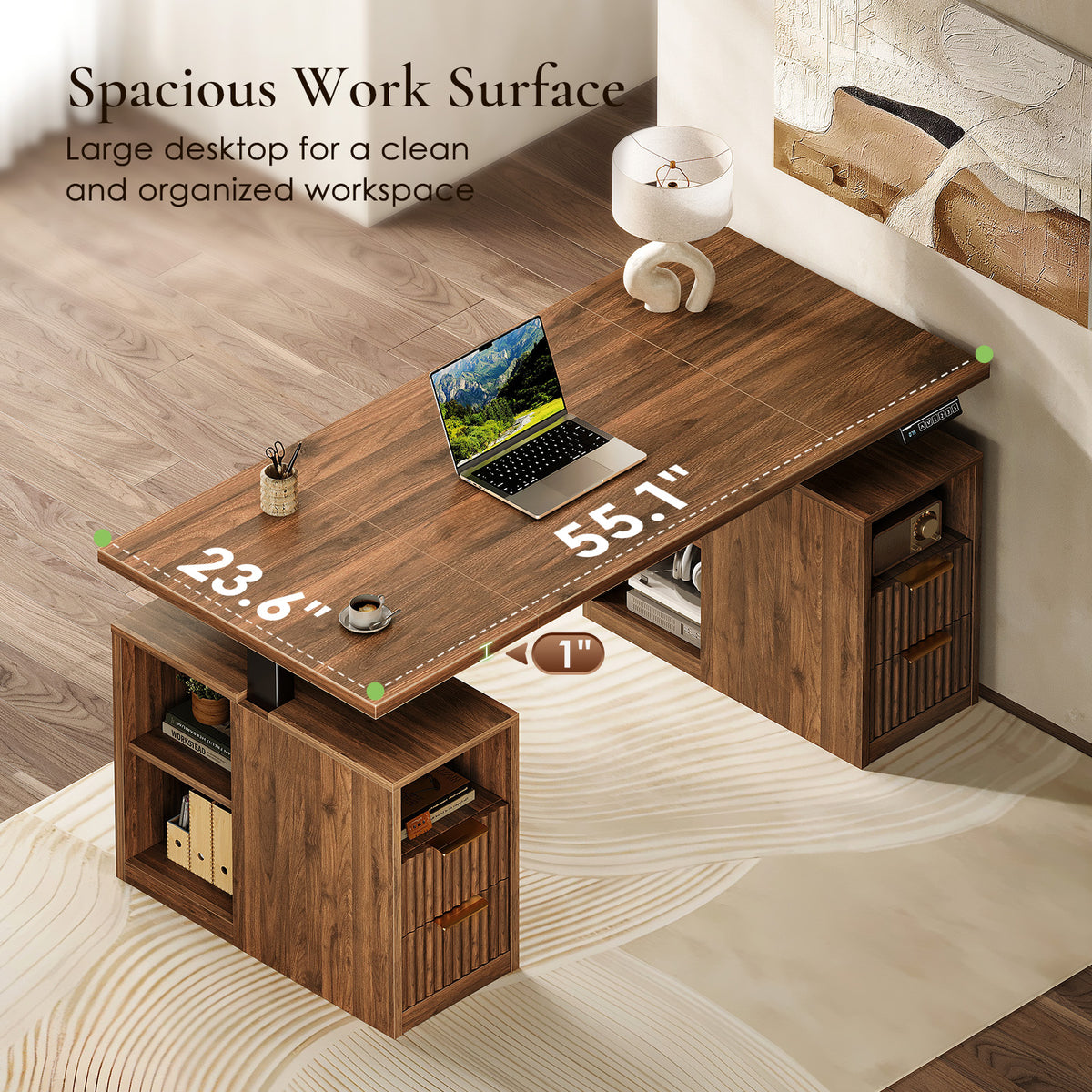 Overhead view of the OffiGo 55-inch walnut desktop, labeled 55.1 by 23.6 inches and 1 inch thick, above brown fluted cabinets.