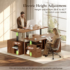 The OffiGo 55-inch fluted standing desk with a walnut desktop and two brown storage cabinets shown in standing and seated work setups, labeled with a 28.4 to 45.7-inch height range.