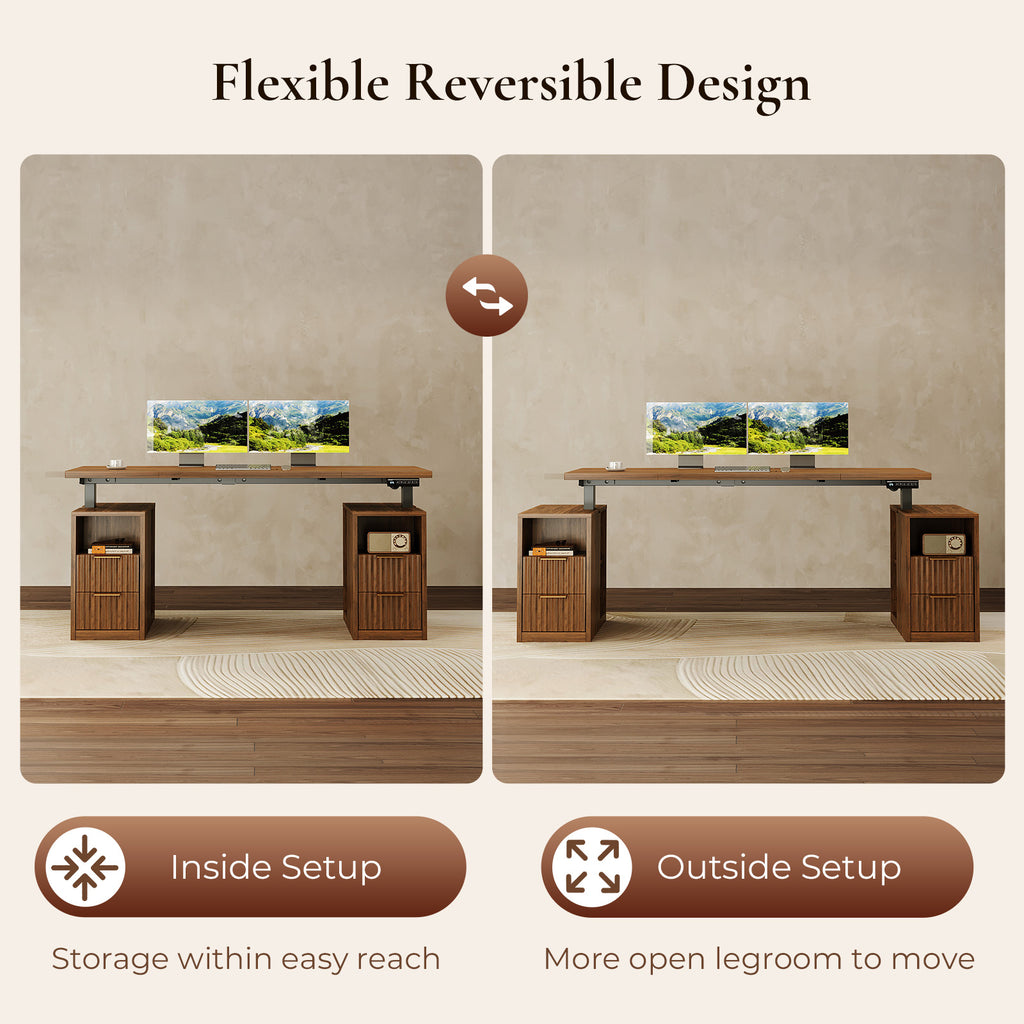 Two cabinet arrangements for the OffiGo 55-inch fluted standing desk with a walnut desktop and two brown storage cabinets, with open shelves facing inward or outward.