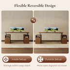 Two cabinet arrangements for the OffiGo 55-inch fluted standing desk with a walnut desktop and two brown storage cabinets, with open shelves facing inward or outward.