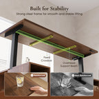 Underside of the OffiGo walnut desktop showing a fixed steel crossbar and support beams, with reinforced and non-reinforced frame comparisons.