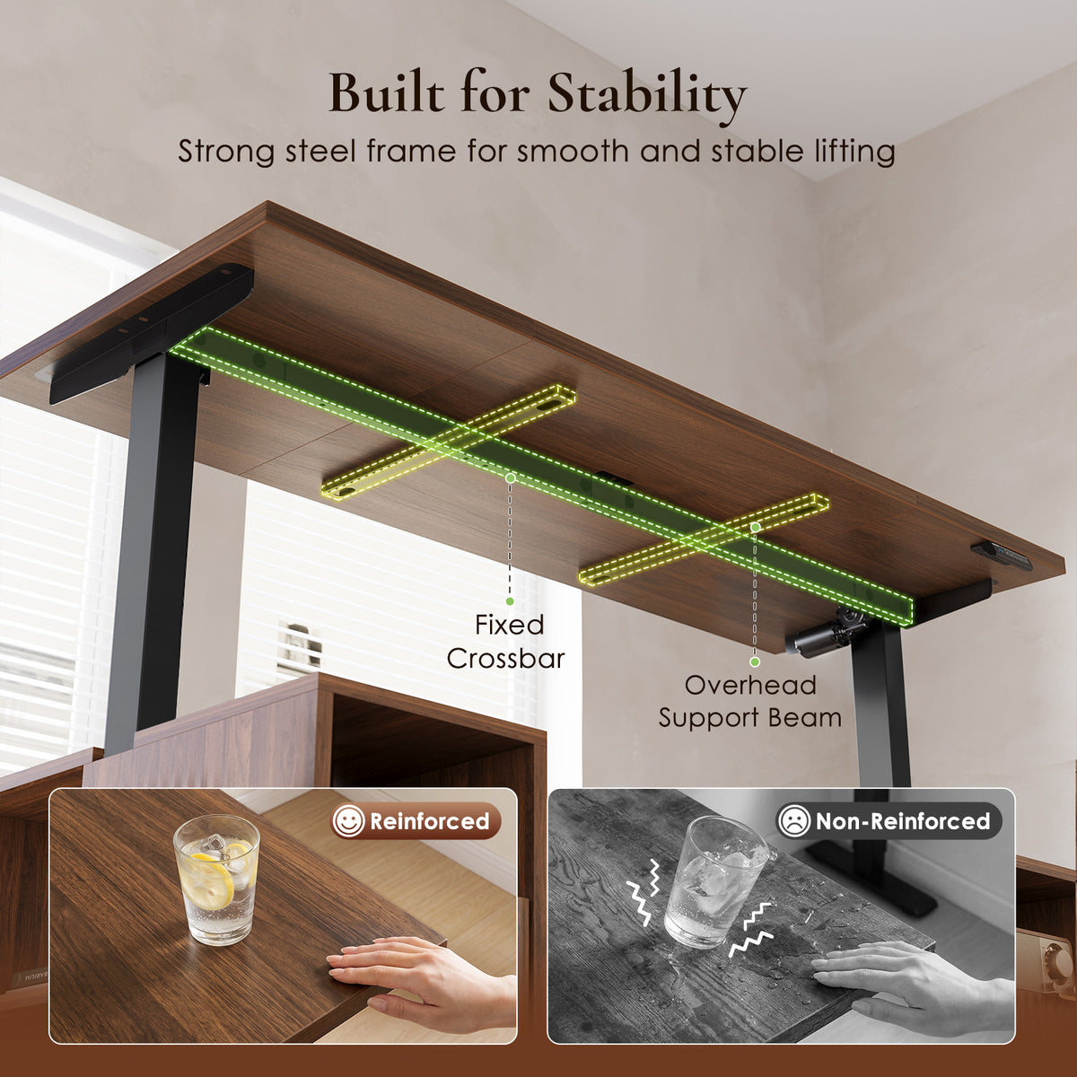Underside of the OffiGo walnut desktop showing a fixed steel crossbar and support beams, with reinforced and non-reinforced frame comparisons.