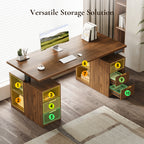 Storage layout of the OffiGo 55-inch fluted standing desk with a walnut desktop and two brown storage cabinets, highlighting open shelves and drawers in both cabinets.