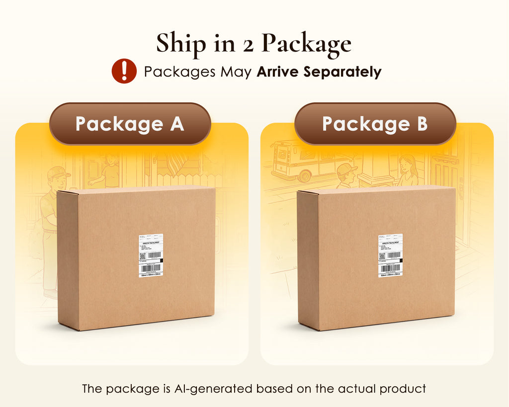 Two shipping cartons illustrating separate-package delivery for the OffiGo 55-inch fluted standing desk with a walnut desktop and two brown storage cabinets.