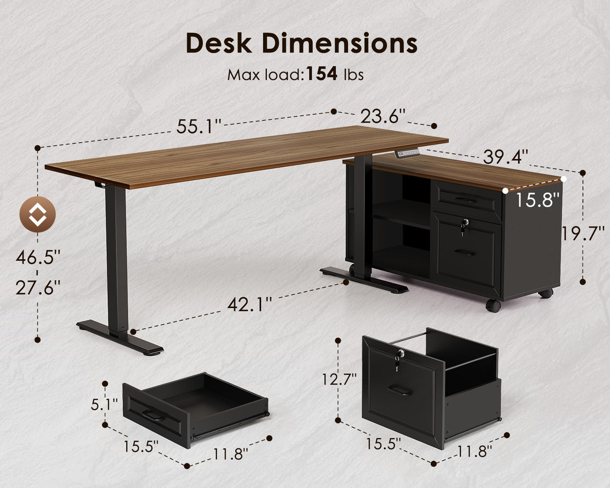 Dimension diagram of the OffiGo 55-inch standing desk with a walnut desktop, black legs and rolling file cabinet, showing the corrected 27.6 to 46.5-inch height range, desktop, cabinet and drawer measurements.