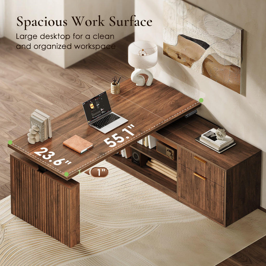 Overhead view of the OffiGo 55-inch fluted L-shaped standing desk with a walnut-brown desktop and brown legs, highlighting the 55-inch desktop, approximately 23.6-inch depth and 1-inch thickness, beside a printer shelf and storage cabinet.