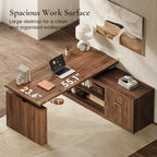Overhead view of the OffiGo 55-inch fluted L-shaped standing desk with a walnut-brown desktop and brown legs, highlighting the 55-inch desktop, approximately 23.6-inch depth and 1-inch thickness, beside a printer shelf and storage cabinet.